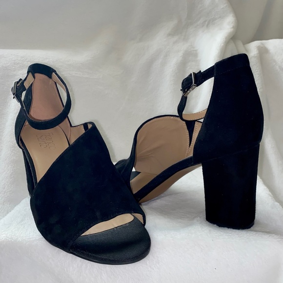 Black Suede Ankle Strap Block Heel Pumps - Picture 1 of 10
